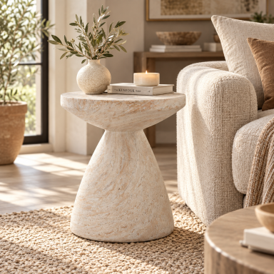 Elegantiškas travertino imitacijos šoninis staliukas Elegantiškas travertino imitacijos šoninis staliukas