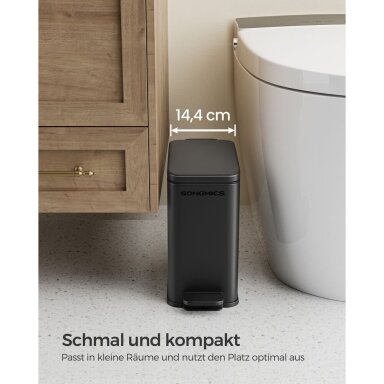 Juoda plieninė šiukšliadėžė su švelnaus užsidarymo mechanizmu, 5 l