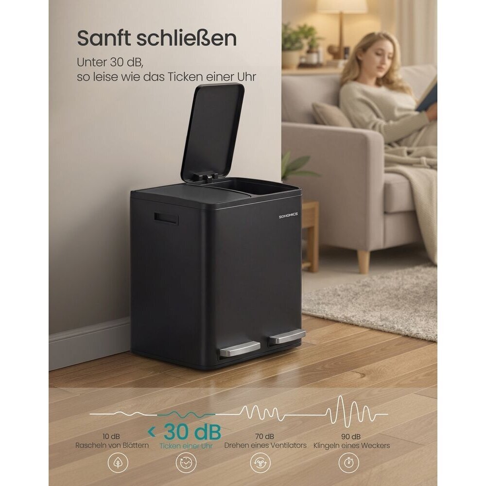 Dviejų skyrių šiukšliadėžė su švelnaus užsidarymo mechanizmu, 30 l 4 Dviejų skyrių šiukšliadėžė su švelnaus užsidarymo mechanizmu, 30 l 4