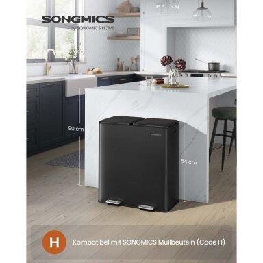 Dviejų skyrių šiukšliadėžė su švelnaus užsidarymo mechanizmu, 60 l
