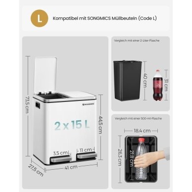 Dviejų skyrių šiukšliadėžė su švelnaus užsidarymo mechanizmu, 30 l 5 Dviejų skyrių šiukšliadėžė su švelnaus užsidarymo mechanizmu, 30 l 5