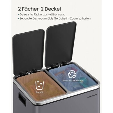 Dviejų skyrių šiukšliadėžė su švelnaus užsidarymo mechanizmu, 30 l 2
