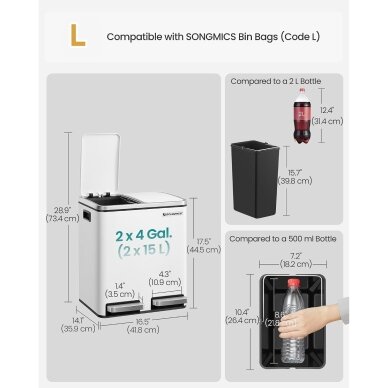 Dviejų skyrių šiukšliadėžė su švelnaus užsidarymo mechanizmu, 30 l 6