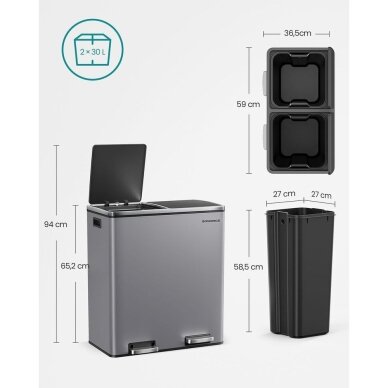 Dviejų skyrių šiukšliadėžė su švelnaus užsidarymo mechanizmu, 60 l 6