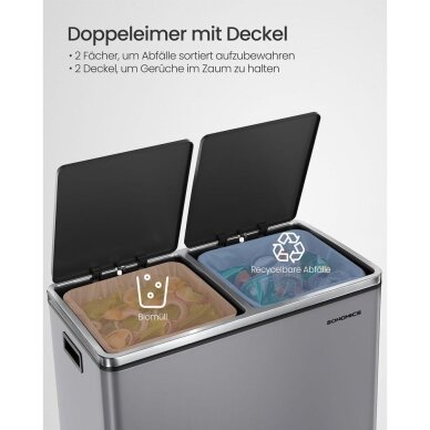 Dviejų skyrių šiukšliadėžė su švelnaus užsidarymo mechanizmu, 60 l 2