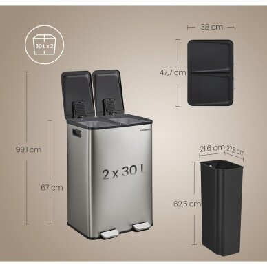 Dviejų skyrių šiukšliadėžė su švelnaus užsidarymo mechanizmu, 60 l 7