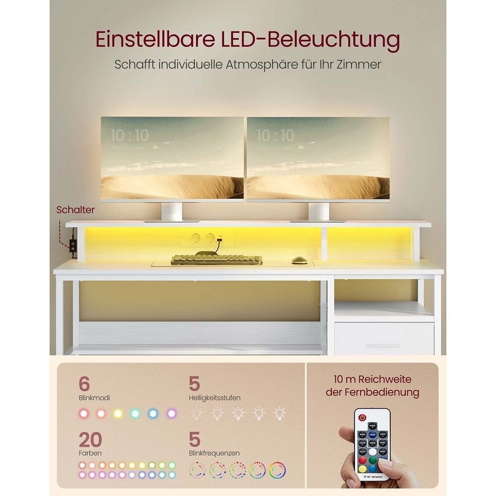 Gaming kompiuterinis stalas su LED apšvietimu, elektros lizdu ir tekstiliniais stalčiais, 135 x 55 cm 2