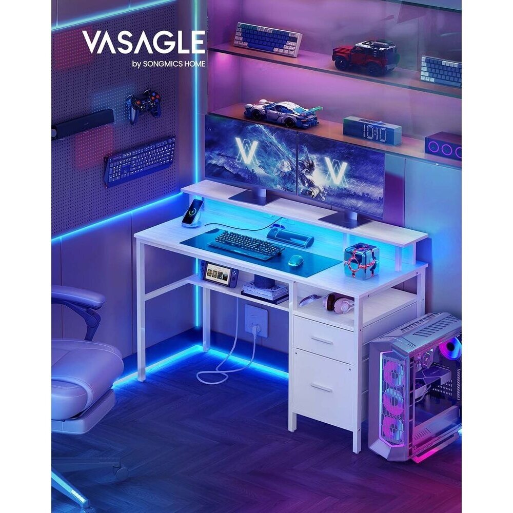 Gaming kompiuterinis stalas su LED apšvietimu, elektros lizdu ir tekstiliniais stalčiais, 135 x 55 cm 1 Gaming kompiuterinis stalas su LED apšvietimu, elektros lizdu ir tekstiliniais stalčiais, 135 x 55 cm 1