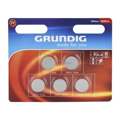 GRUNDIG ličio baterijos CR2016, 70 mAh, 5 vnt GRUNDIG ličio baterijos CR2016, 70 mAh, 5 vnt
