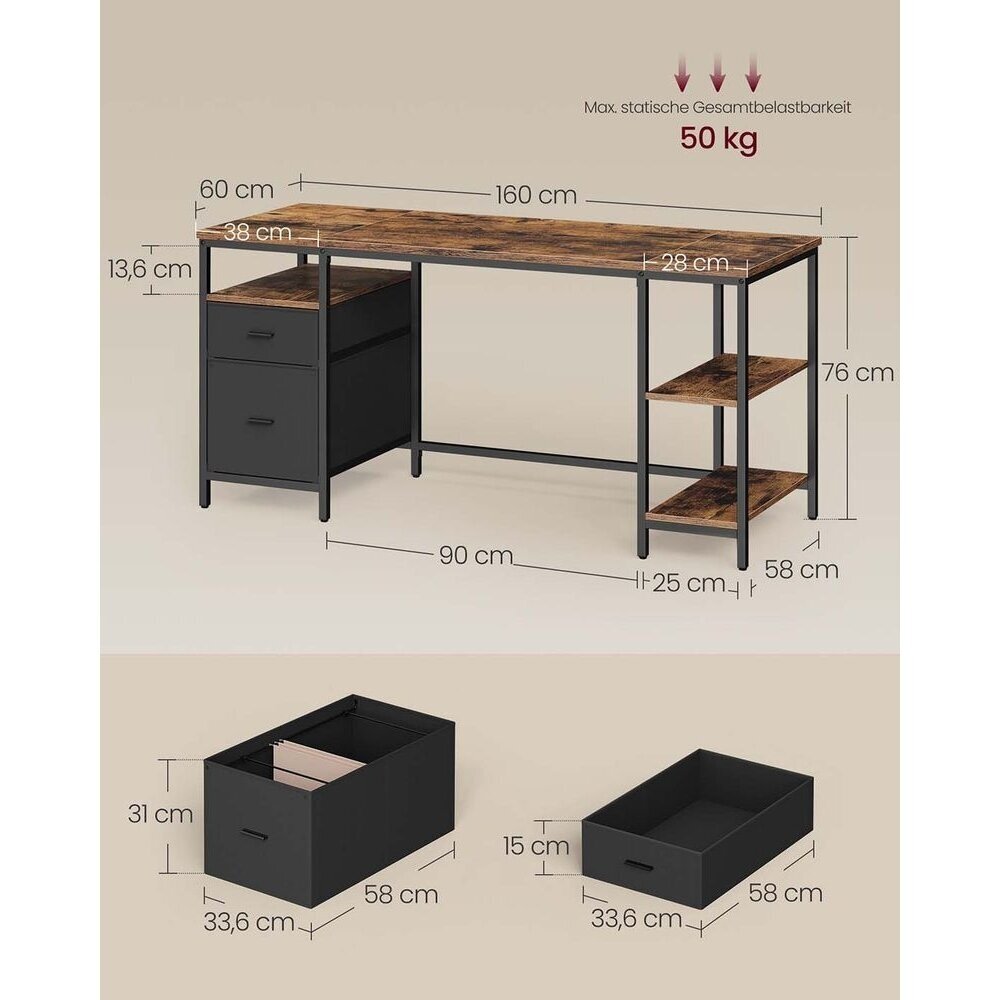 Industrinio stiliaus rašomasis stalas su lentynomis ir tekstiliniais stalčiais, 160 x 60 cm 5 Industrinio stiliaus rašomasis stalas su lentynomis ir tekstiliniais stalčiais, 160 x 60 cm 5
