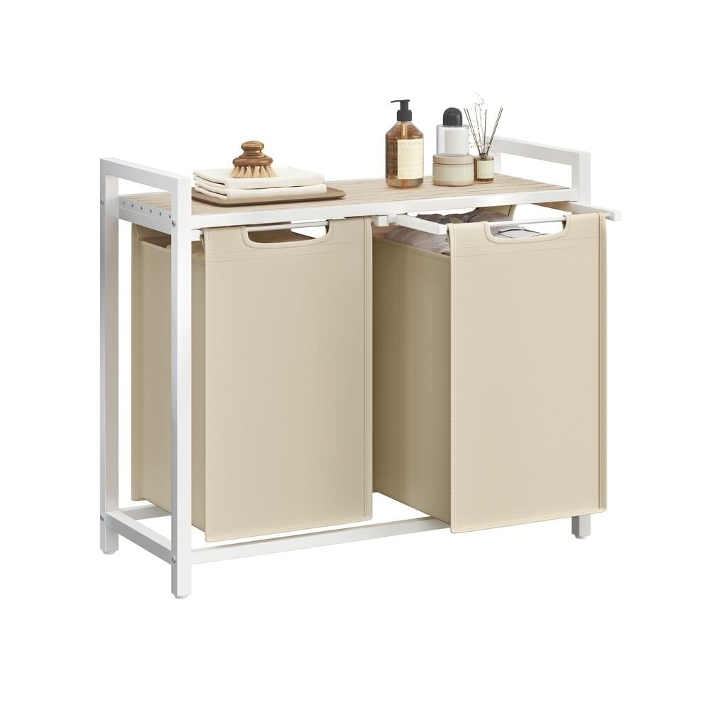 Industrinio stiliaus pastatoma lentyna su 2 skalbinių krepšiais Industrinio stiliaus pastatoma lentyna su 2 skalbinių krepšiais