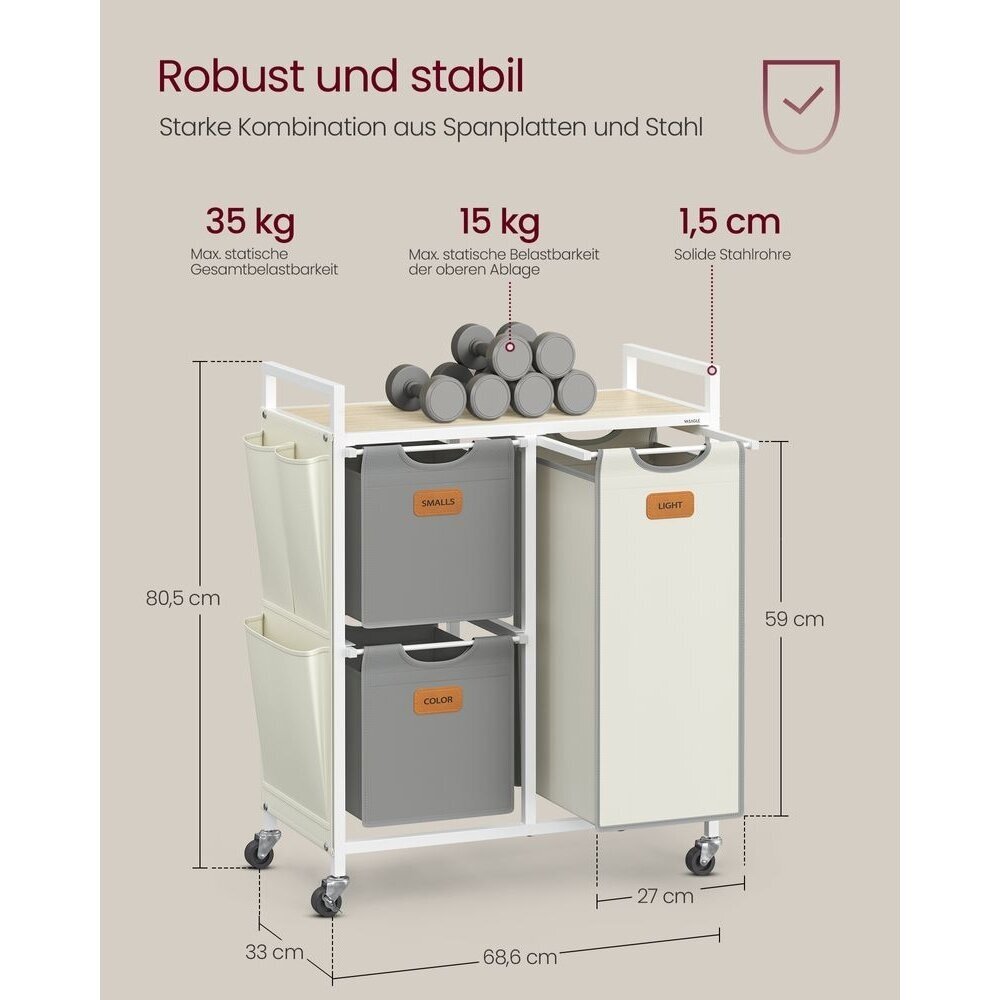 Industrinio stiliaus pastatoma lentyna su 3 skalbinių krepšiais ir ratukais 6