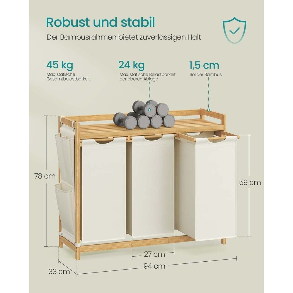 Pastatoma bambukinė lentyna su 3 skalbinių krepšiais, 150 l 6 Pastatoma bambukinė lentyna su 3 skalbinių krepšiais, 150 l 6