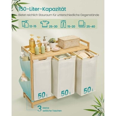 Pastatoma bambukinė lentyna su 3 skalbinių krepšiais, 150 l 2