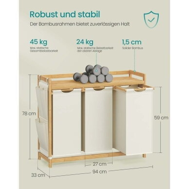 Pastatoma bambukinė lentyna su 3 skalbinių krepšiais, 150 l 6 Pastatoma bambukinė lentyna su 3 skalbinių krepšiais, 150 l 6