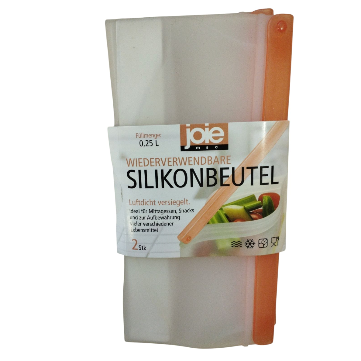 JOIE daugkartiniai silikoniniai maišeliai su užspaudžiamu spaustuku, 2 vnt x 250 ml