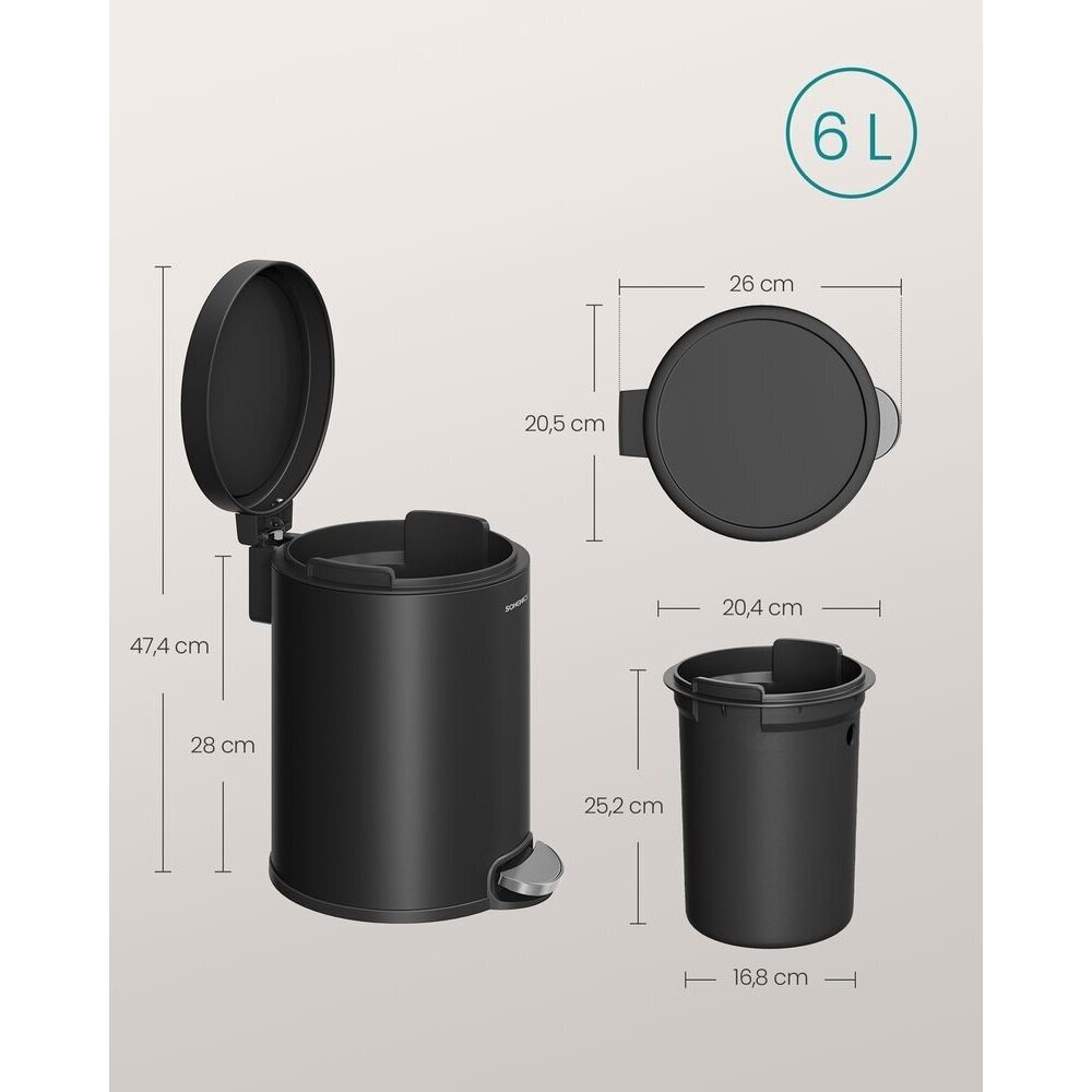 Juoda plieninė šiukšliadėžė su švelnaus užsidarymo mechanizmu, 6 l 6