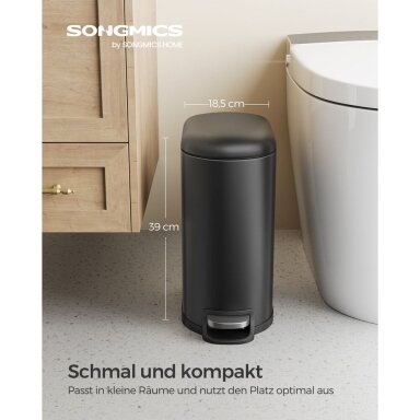 Juoda plieninė šiukšliadėžė su švelnaus užsidarymo mechanizmu, 10 l