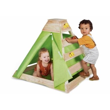 PLAYLAND 2-in-1 medinė vaikų laipiojimo piramidė - palapinė