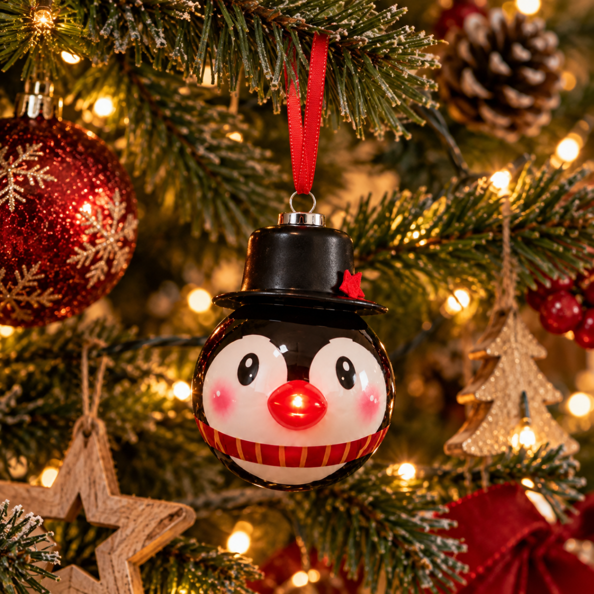 Kalėdinis LED eglutės žaisliukas „Pingvinas“ su šviečiančia nosimi, Ø 6,5 cm 1