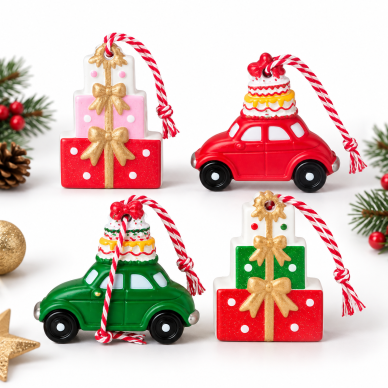 Kalėdiniai eglutės žaisliukai „Dovanos ir automobiliai“, 4 vnt
