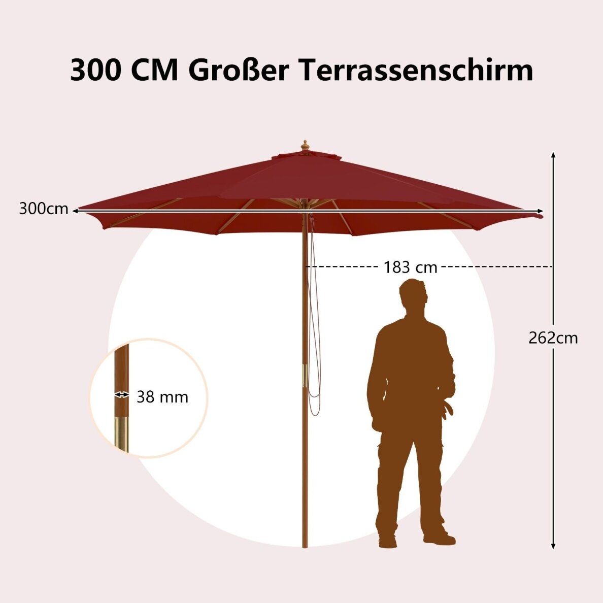 Lauko skėtis su mediniu stiebu, Ø 300 cm 7