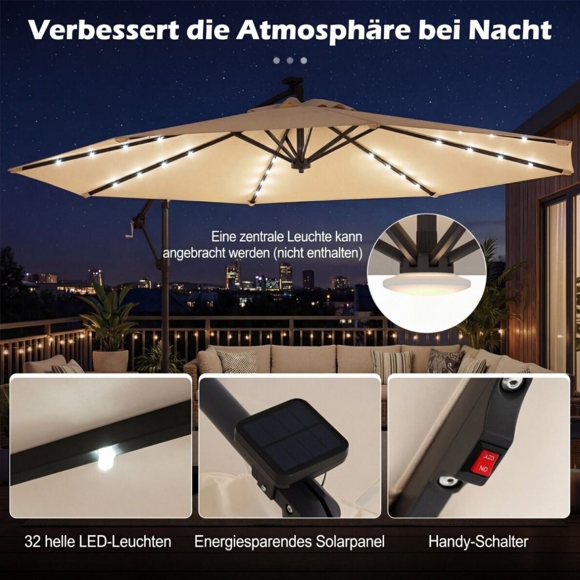 Lauko skėtis su stovu, smėlio maišais ir LED apšvietimu nuo saulės baterijos, Ø300 cm 5