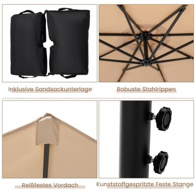 Lauko skėtis su stovu, smėlio maišais ir LED apšvietimu nuo saulės baterijos, Ø300 cm 6