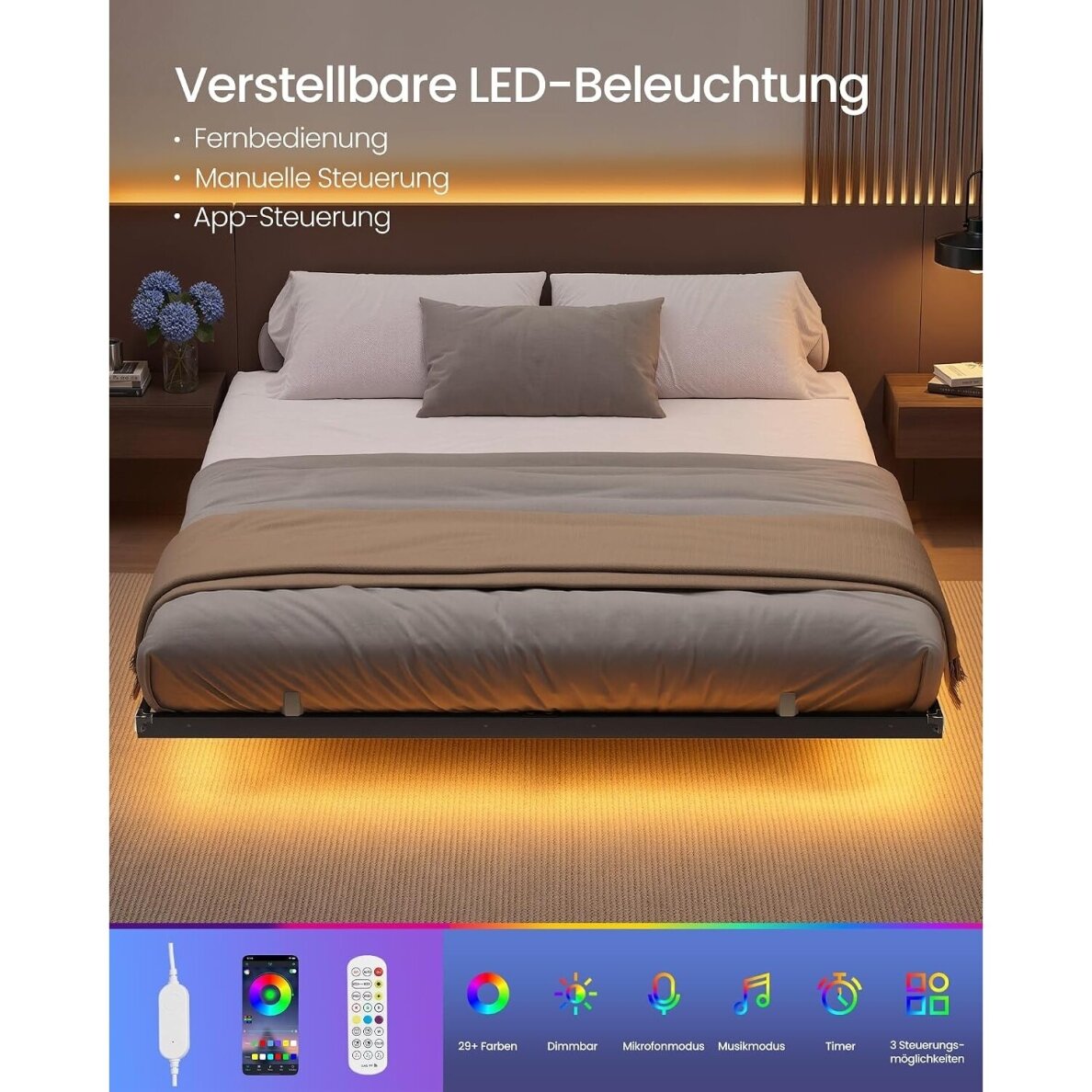 Metalinis lovos rėmas su LED apšvietimu ir elektros lizdais, 160 x 200 cm 3