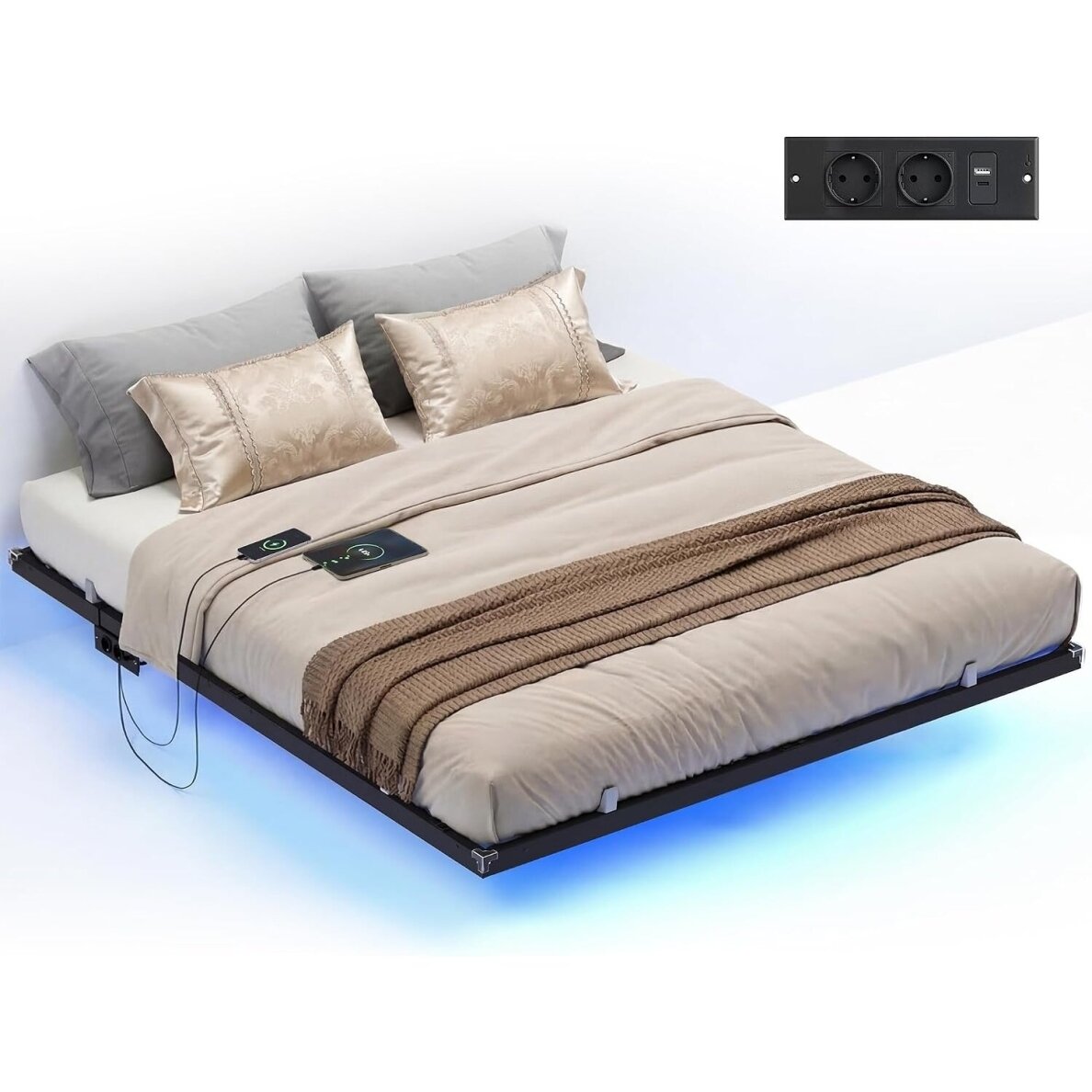Metalinis lovos rėmas su LED apšvietimu ir elektros lizdais, 180 x 200 cm Metalinis lovos rėmas su LED apšvietimu ir elektros lizdais, 180 x 200 cm