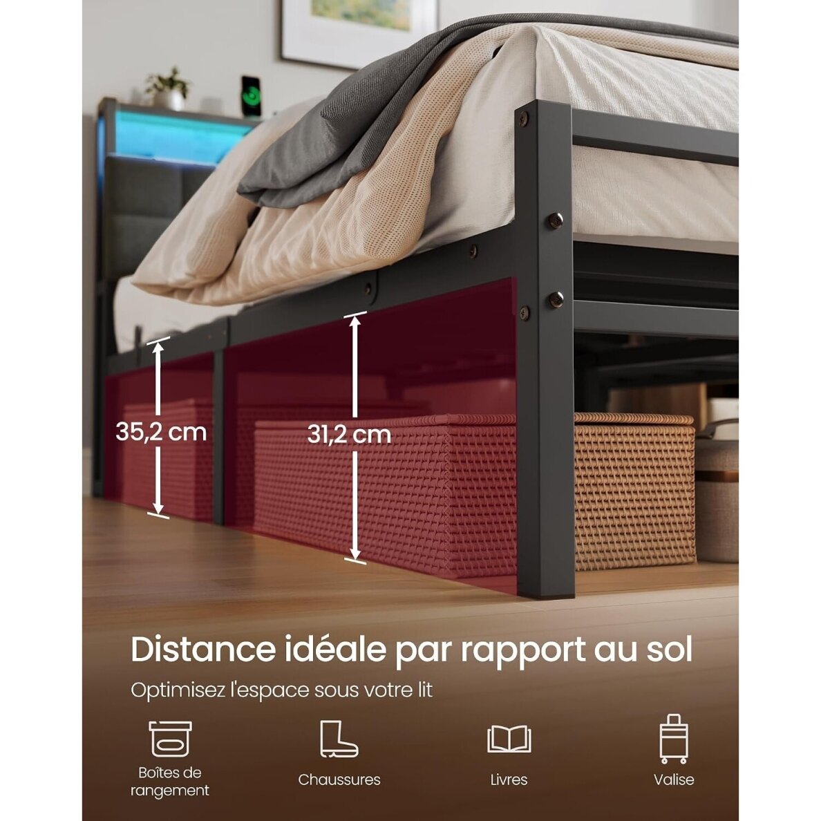 Metalinis lovos rėmas su LED apšvietimu ir įkrovimo lizdais, 140 x 190 cm 3 Metalinis lovos rėmas su LED apšvietimu ir įkrovimo lizdais, 140 x 190 cm 3