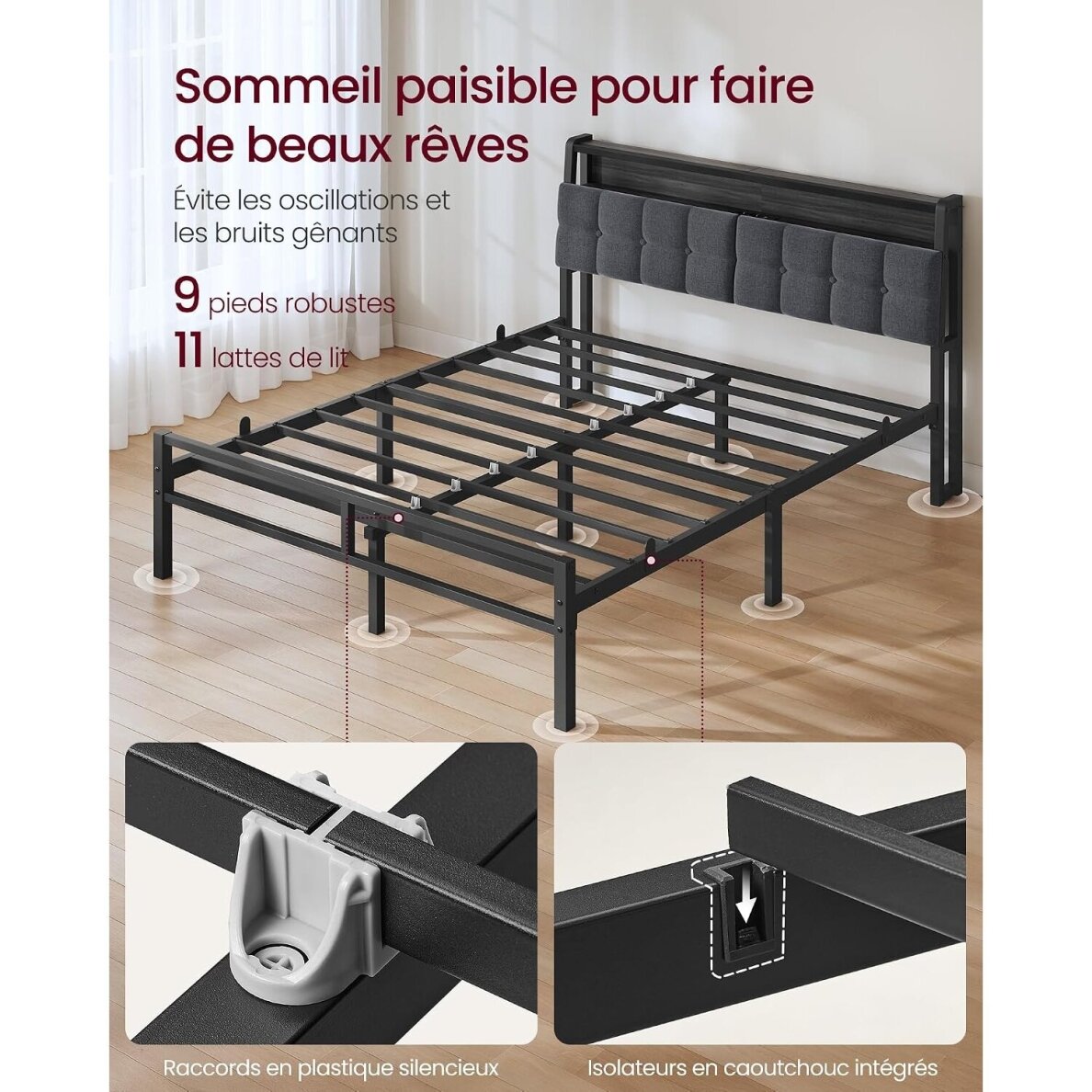 Metalinis lovos rėmas su LED apšvietimu ir įkrovimo lizdais, 140 x 190 cm 4 Metalinis lovos rėmas su LED apšvietimu ir įkrovimo lizdais, 140 x 190 cm 4