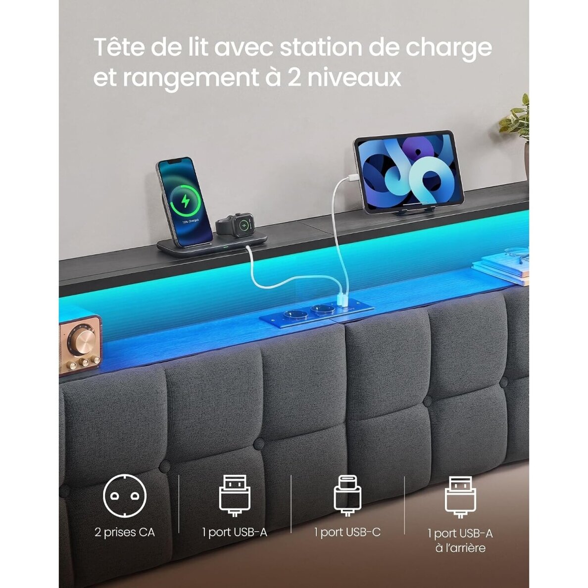 Metalinis lovos rėmas su LED apšvietimu ir įkrovimo lizdais, 140 x 190 cm 6 Metalinis lovos rėmas su LED apšvietimu ir įkrovimo lizdais, 140 x 190 cm 6