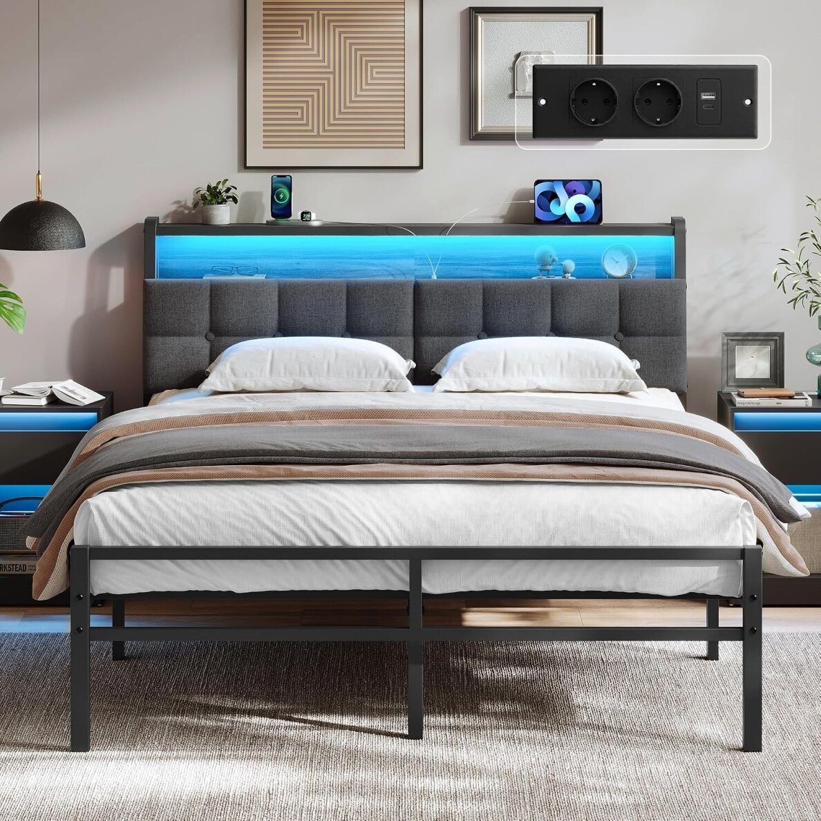 Metalinis lovos rėmas su LED apšvietimu ir įkrovimo lizdais, 140 x 190 cm 2 Metalinis lovos rėmas su LED apšvietimu ir įkrovimo lizdais, 140 x 190 cm 2