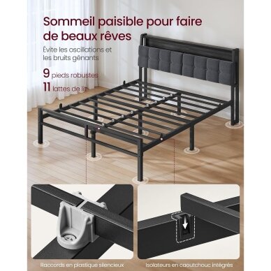 Metalinis lovos rėmas su LED apšvietimu ir įkrovimo lizdais, 140 x 190 cm 4