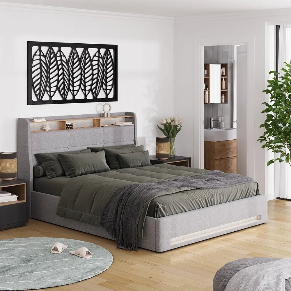 Modernus lovos rėmas su LED apšvietimu ir įkrovimo lizdais CHRISTIN, 160 x 200 cm 2 Modernus lovos rėmas su LED apšvietimu ir įkrovimo lizdais CHRISTIN, 160 x 200 cm 2