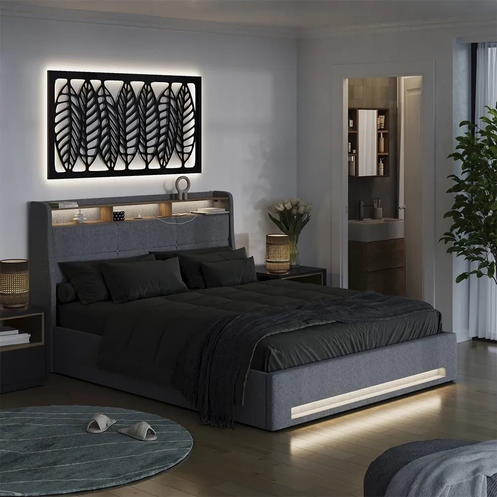 Modernus lovos rėmas su LED apšvietimu ir įkrovimo lizdais CHRISTIN, 160 x 200 cm 1 Modernus lovos rėmas su LED apšvietimu ir įkrovimo lizdais CHRISTIN, 160 x 200 cm 1
