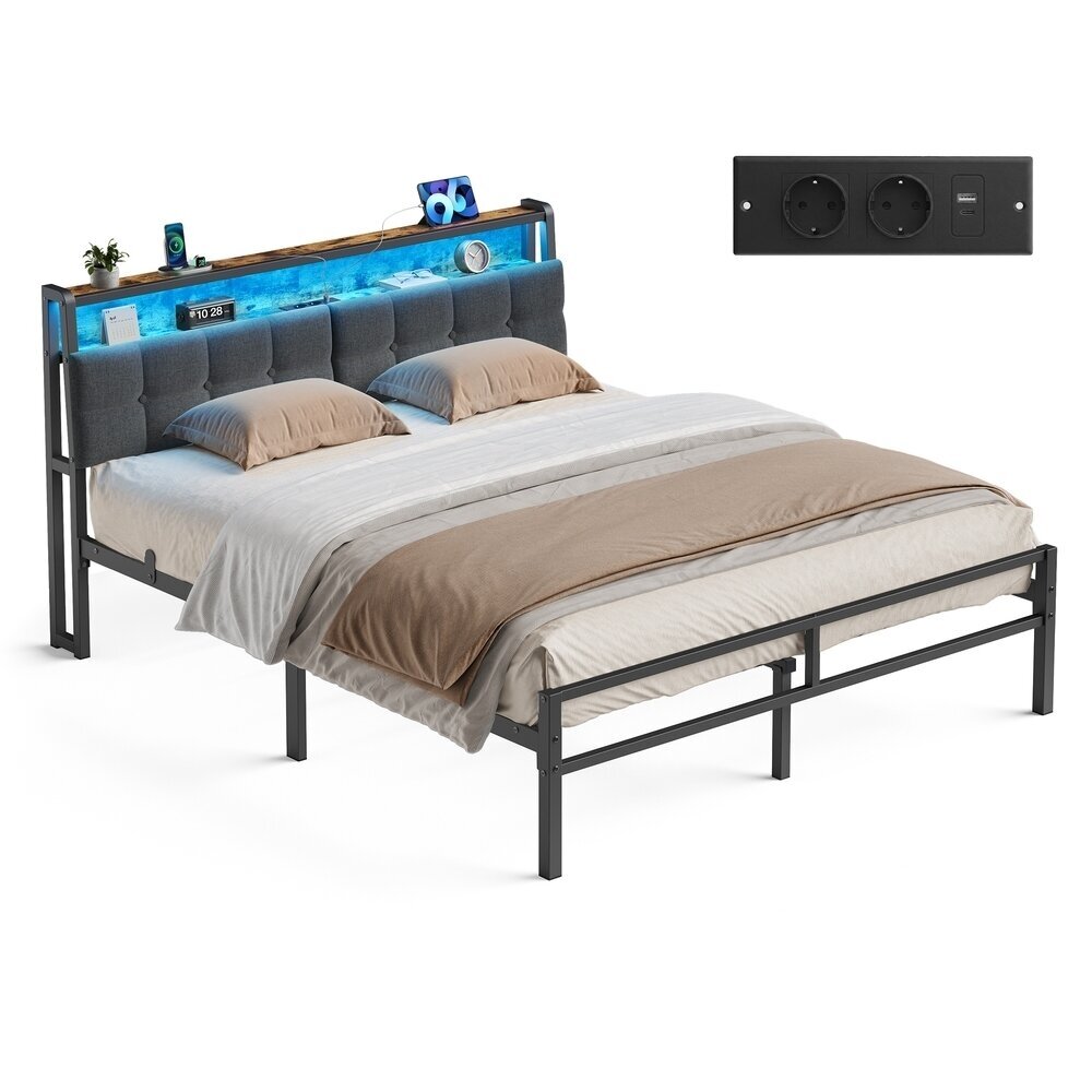 Metalinis lovos rėmas su LED apšvietimu ir įkrovimo lizdais, 140 x 190 cm Metalinis lovos rėmas su LED apšvietimu ir įkrovimo lizdais, 140 x 190 cm
