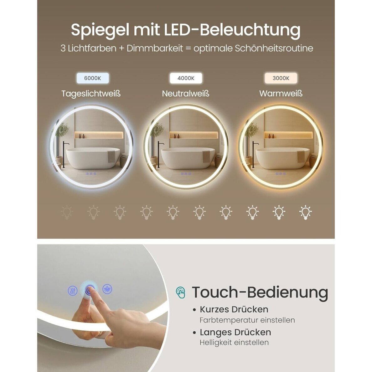 Veidrodis su LED apšvietimu ir nerasojimo funkcija, Ø 51 cm 3