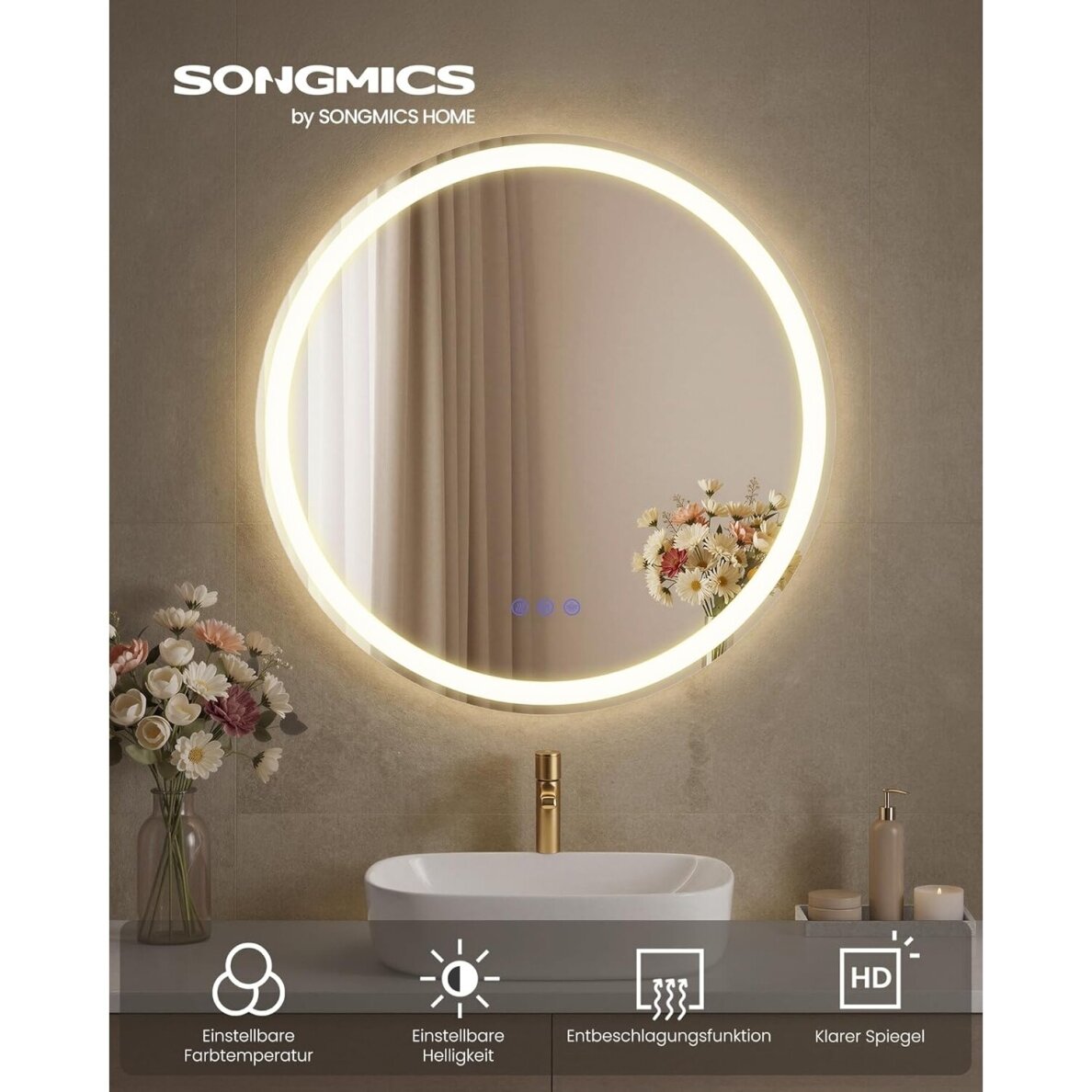 Veidrodis su LED apšvietimu ir nerasojimo funkcija, Ø 51 cm 1