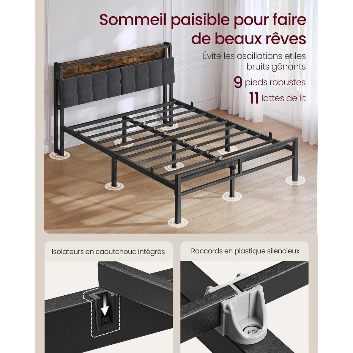 Metalinis lovos rėmas su LED apšvietimu ir įkrovimo lizdais, 140 x 190 cm 7