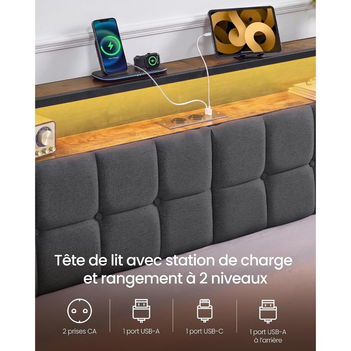 Metalinis lovos rėmas su LED apšvietimu ir įkrovimo lizdais, 140 x 190 cm 4