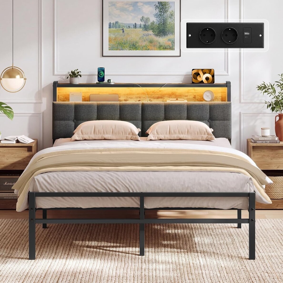 Metalinis lovos rėmas su LED apšvietimu ir įkrovimo lizdais, 140 x 190 cm 2