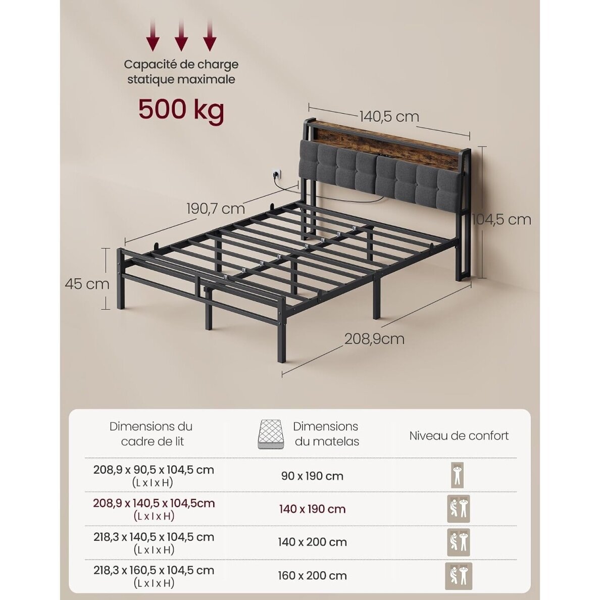 Metalinis lovos rėmas su LED apšvietimu ir įkrovimo lizdais, 140 x 190 cm 8