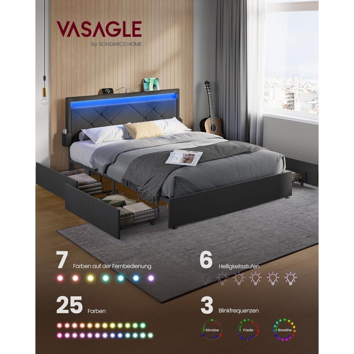 Modernus lovos rėmas su LED apšvietimu ir įkrovimo lizdais, 140 x 200 cm 2