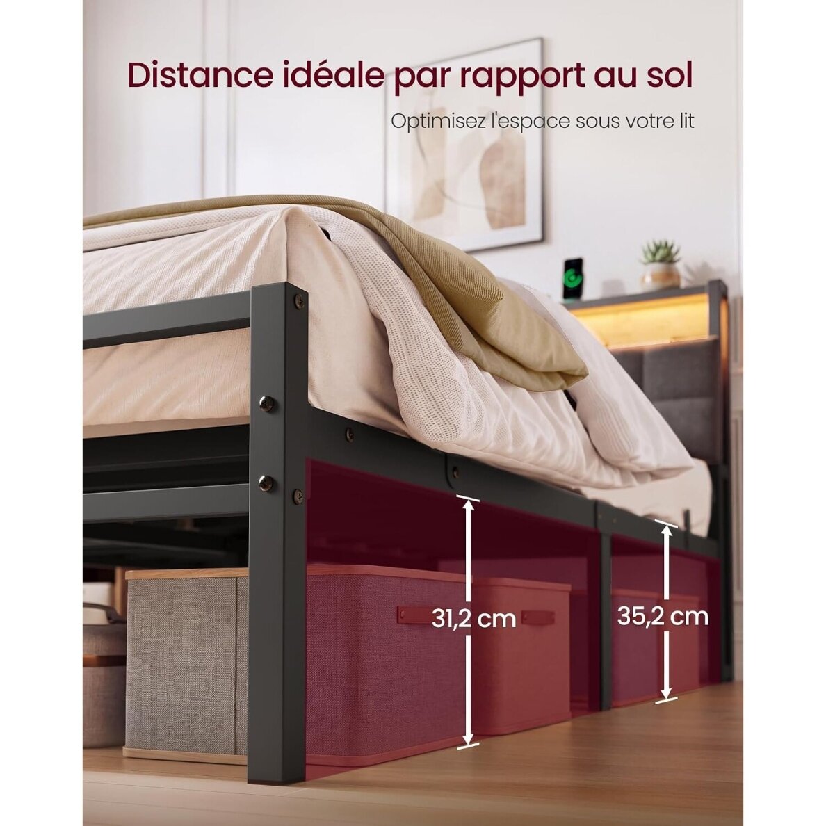 Metalinis lovos rėmas su LED apšvietimu ir įkrovimo lizdais, 140 x 190 cm 6