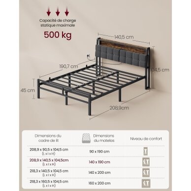 Metalinis lovos rėmas su LED apšvietimu ir įkrovimo lizdais, 140 x 190 cm 8