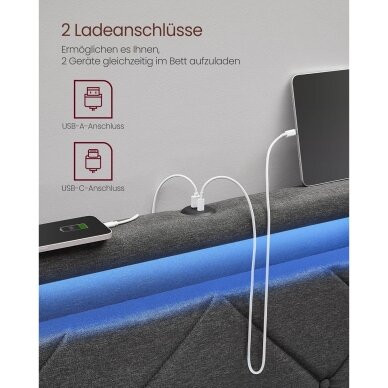 Modernus lovos rėmas su LED apšvietimu ir įkrovimo lizdais, 140 x 200 cm 3
