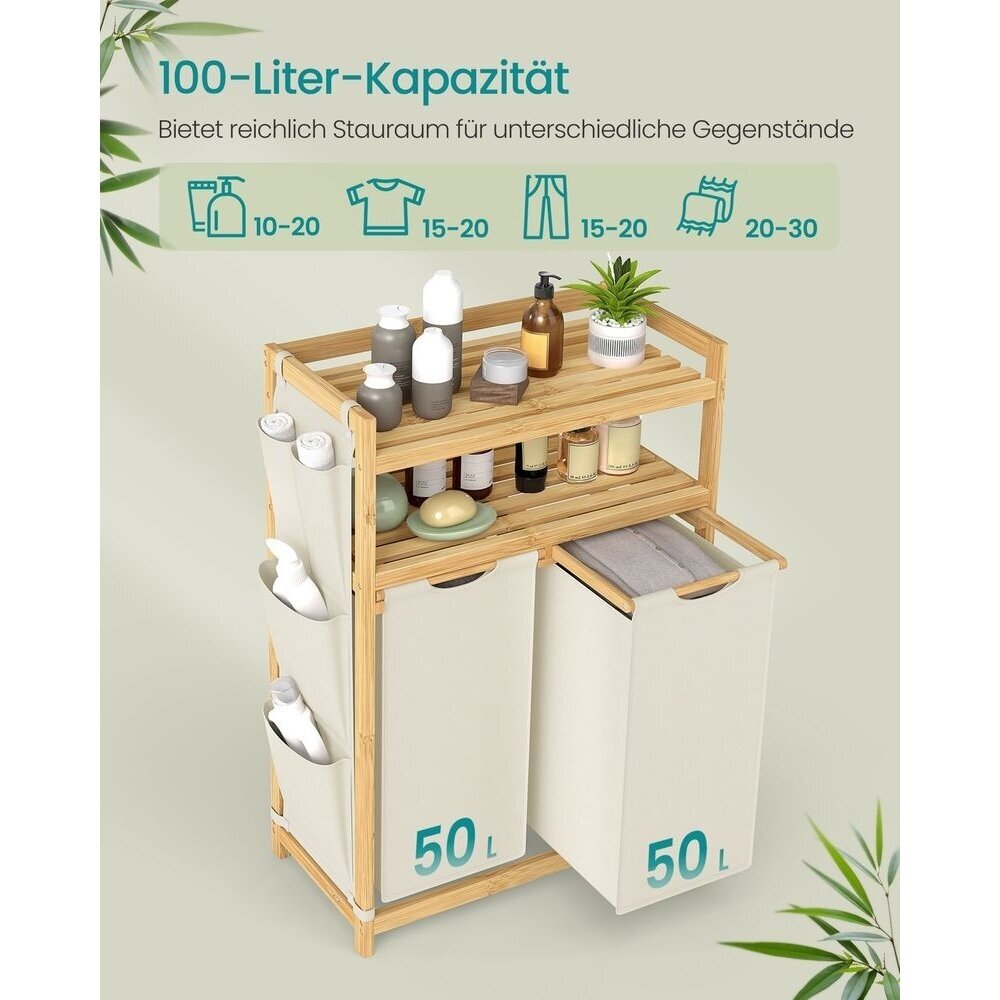 Pastatoma bambukinė lentyna su 2 skalbinių krepšiais, 100 l 2