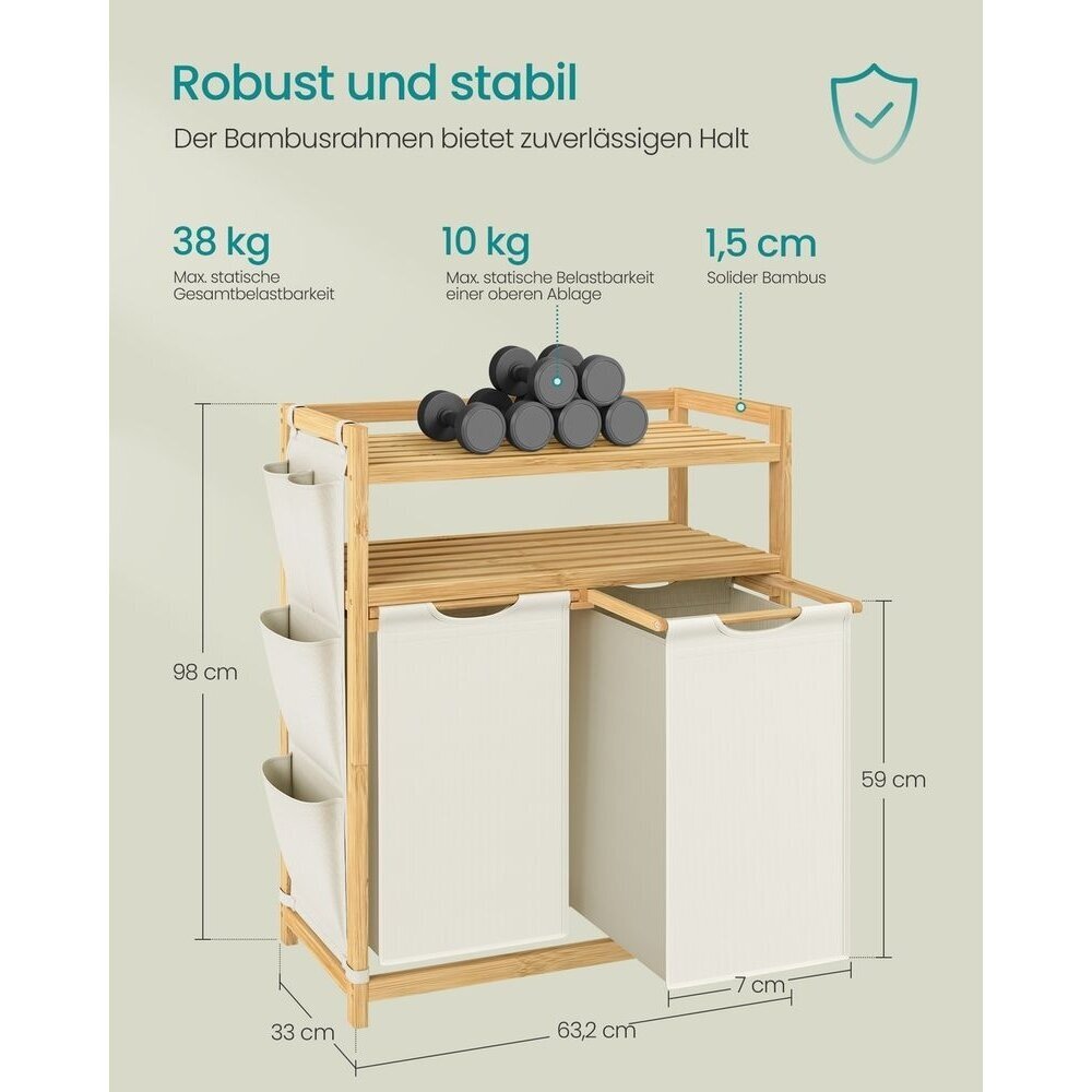 Pastatoma bambukinė lentyna su 2 skalbinių krepšiais, 100 l 6 Pastatoma bambukinė lentyna su 2 skalbinių krepšiais, 100 l 6